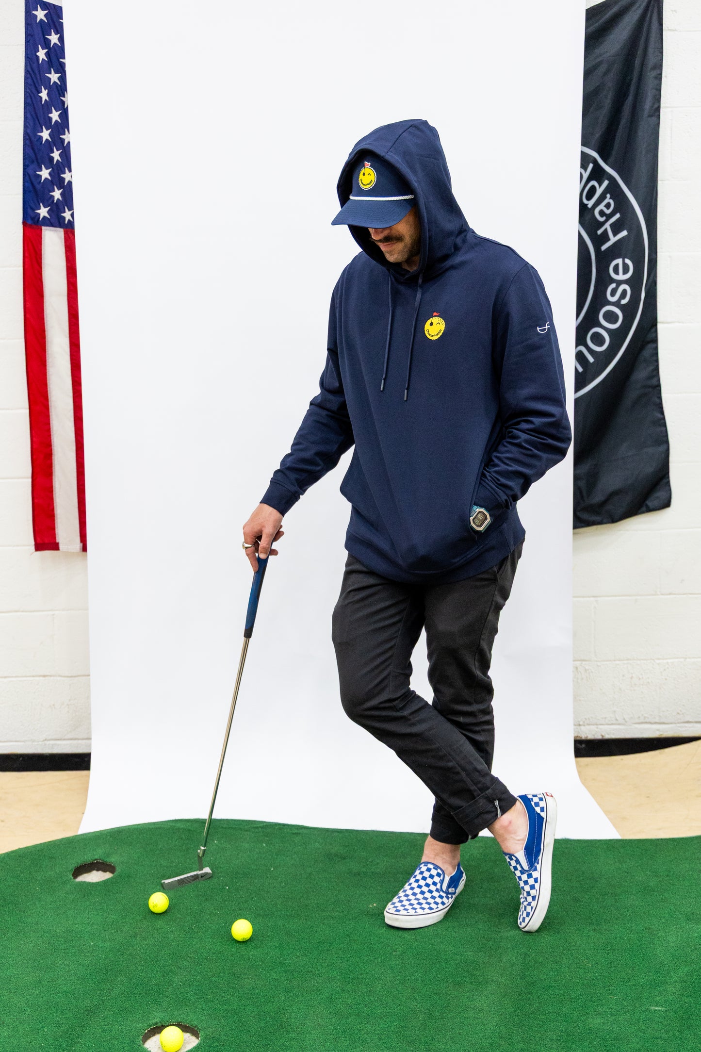 Smiley Golf Ball Performance Hoodie - Navy