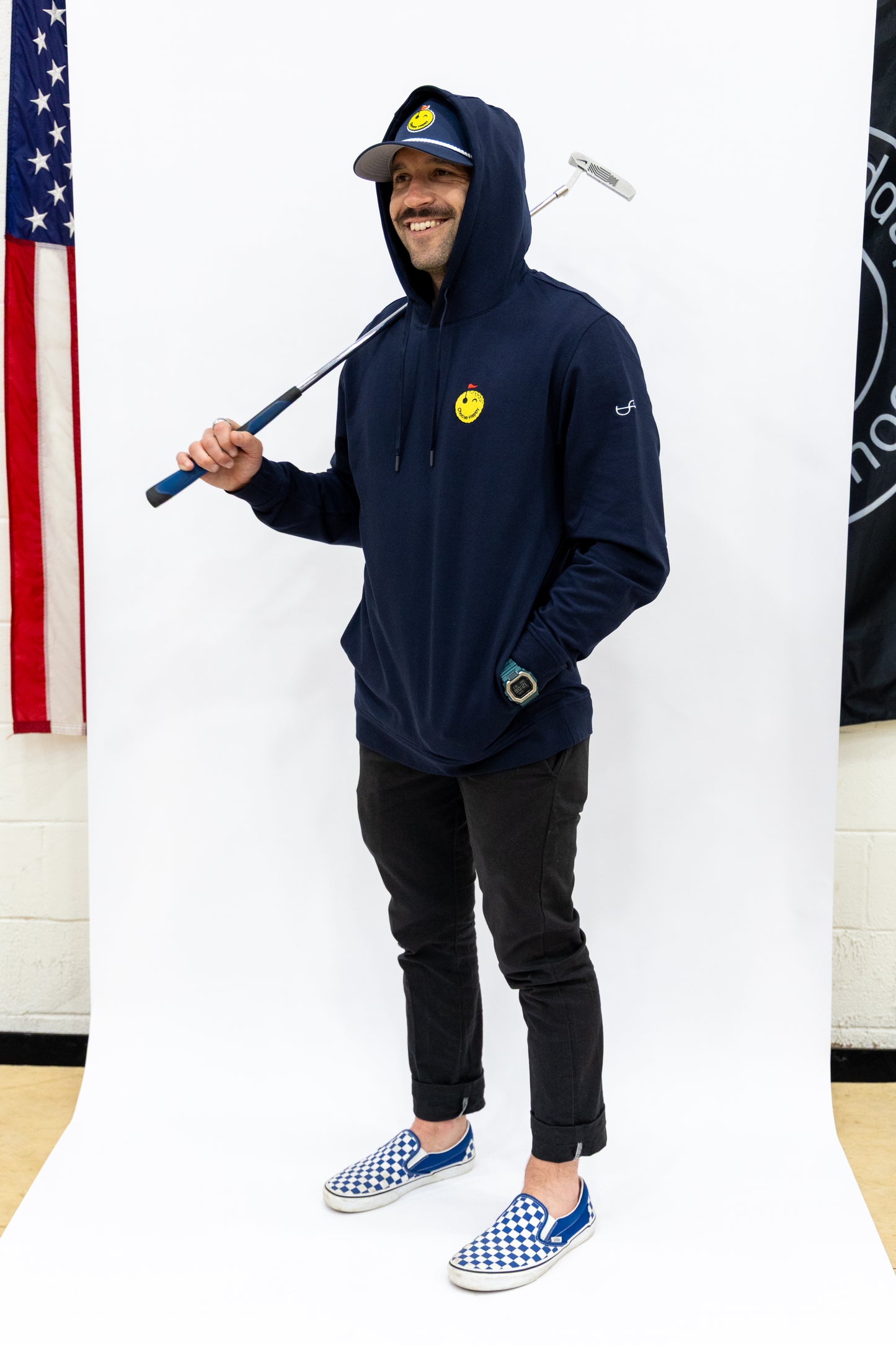 Smiley Golf Ball Performance Hoodie - Navy